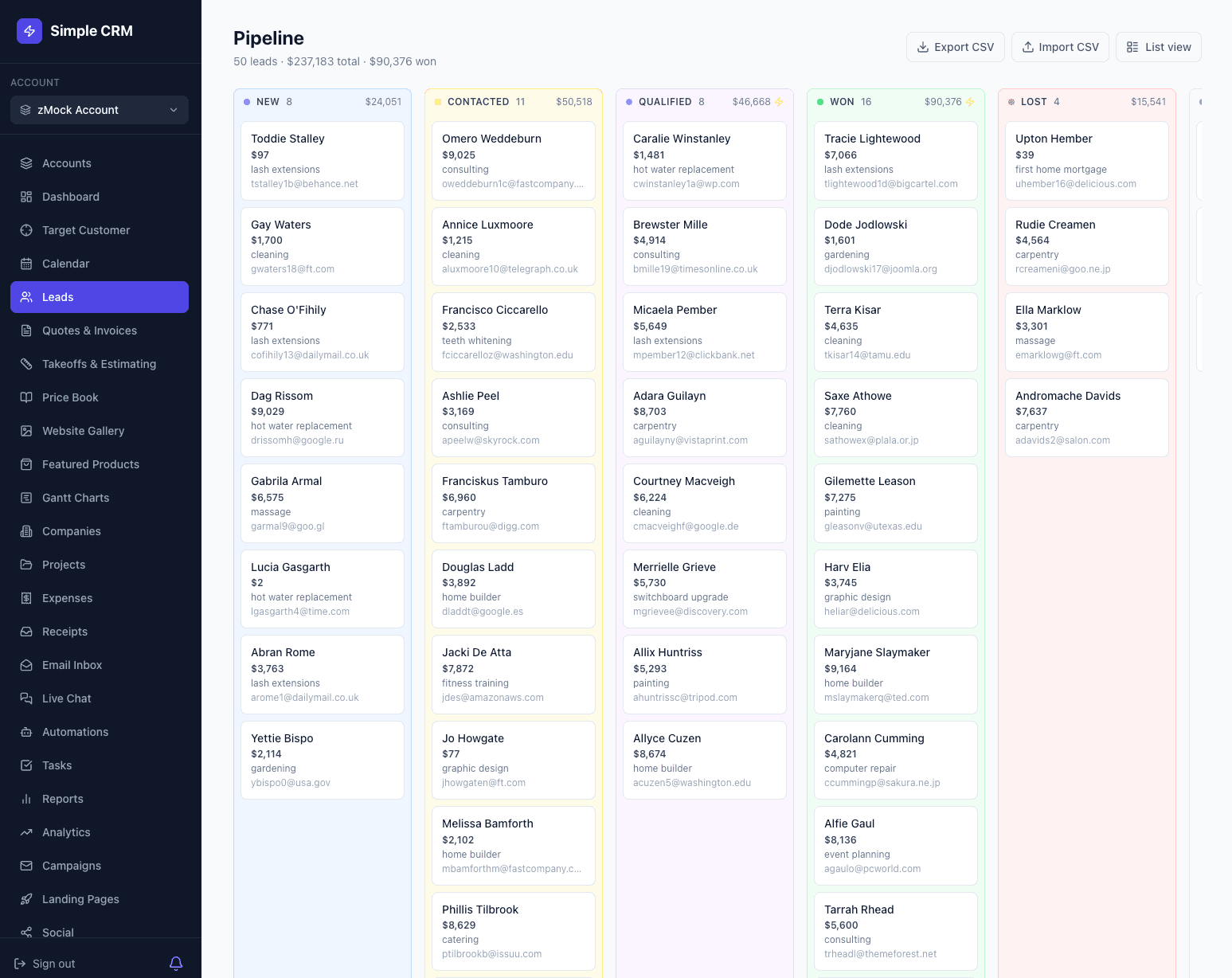 Simple CRM — Leads & pipeline